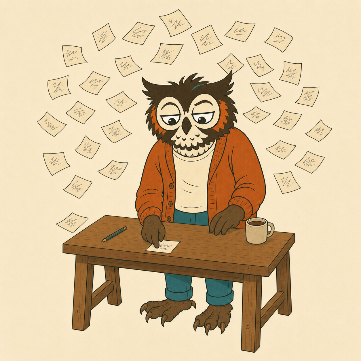 Hollis the owl at his workbench, one wing pinning a note down while two dozen others swirl around his head
